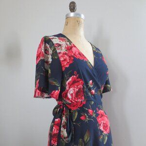 Forever 21 Contemporary Navy Blue & Red Roses Cottage Core Wrap Dress - NWOT